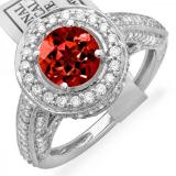 2.56 Carat (ctw) 18K White Gold Round Red Garnet & White Diamond Ladies Vintage Halo Style Engagement Bridal Ring
