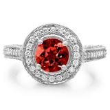 2.56 Carat (ctw) 18K White Gold Round Red Garnet & White Diamond Ladies Vintage Halo Style Engagement Bridal Ring