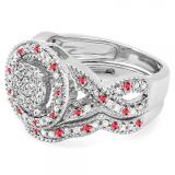 0.55 Carat (ctw) Sterling Silver Round Ruby And White Diamond Womens Micro Pave Engagement Ring Set 1/2 CT