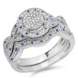 0.55 Carat (ctw) Sterling Silver Round Blue Sapphire And White Diamond Womens Micro Pave Engagement Ring Set 1/2 CT