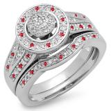 0.50 Carat (ctw) Sterling Silver Round Ruby & White Diamond Ladies Split Shank Bridal Engagement Ring Set Matching Wedding Band 1/2 CT