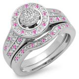 0.50 Carat (ctw) 10K White Gold Round Pink Sapphire & White Diamond Ladies Split Shank Bridal Engagement Ring Set Matching Wedding Band 1/2 CT