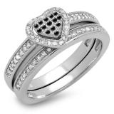 0.23 Carat (ctw) 14K White Gold Round Black & White Diamond Ladies Heart Shaped Bridal Engagement Ring With Matching Band Set 1/4 CT