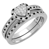 0.23 Carat (ctw) 10K White Gold Round Black & White Diamond Ladies Heart Shaped Bridal Engagement Ring With Matching Band Set 1/4 CT