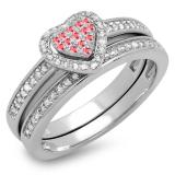 0.23 Carat (ctw) Sterling Silver Round Ruby & White Diamond Ladies Heart Shaped Bridal Engagement Ring With Matching Band Set 1/4 CT