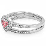 0.23 Carat (ctw) Sterling Silver Round Ruby & White Diamond Ladies Heart Shaped Bridal Engagement Ring With Matching Band Set 1/4 CT