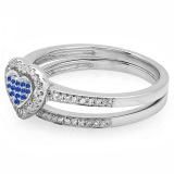 0.23 Carat (ctw) Sterling Silver Round Blue Sapphire & White Diamond Ladies Heart Shaped Bridal Engagement Ring With Matching Band Set 1/4 CT