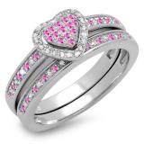 0.23 Carat (ctw) 10K White Gold Round Pink Sapphire & White Diamond Ladies Heart Shaped Bridal Engagement Ring With Matching Band Set 1/4 CT