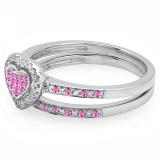 0.23 Carat (ctw) 10K White Gold Round Pink Sapphire & White Diamond Ladies Heart Shaped Bridal Engagement Ring With Matching Band Set 1/4 CT