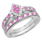 0.80 Carat (ctw) Sterling Silver Round Pink Sapphire & White Diamond Ladies Bridal Marquise Shape Promise Engagement Ring Set With Matching Band 3/4 CT