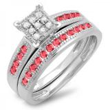 0.50 Carat (ctw) Sterling Silver Round Ruby & White Diamond Ladies Engagement Bridal Ring Set Matching Wedding Band 1/2 CT