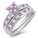 0.50 Carat (ctw) 14K White Gold Round Pink Sapphire & White Diamond Ladies Engagement Bridal Ring Set Matching Wedding Band 1/2 CT