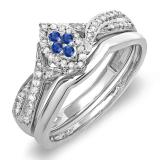 0.33 Carat (ctw) Sterling Silver Round Blue Sapphire & White Diamond Ladies Marquise Shape Bridal Promise Engagement Ring Set With Matching Band 1/3 CT