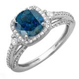 2.10 Carat (ctw) 14k White Gold Round Blue & White Diamond Ladies Engagement Halo Bridal Ring