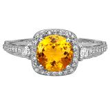 2.10 Carat (ctw) 14k White Gold Round Yellow Citrine & White Diamond Ladies Engagement Halo Bridal Ring