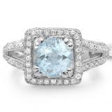2.50 Carat (ctw) 18K White Gold Round Aquamarine & White Diamond Halo Style Engagement Bridal Ring
