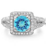 2.50 Carat (ctw) 14K White Gold Round Blue Topaz & White Diamond Halo Style Engagement Bridal Ring