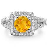 2.50 Carat (ctw) 18K White Gold Round Yellow Citrine & White Diamond Halo Style Engagement Bridal Ring