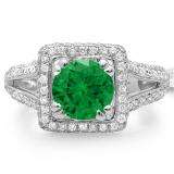 2.50 Carat (ctw) 18K White Gold Round Green Emerald & White Diamond Halo Style Engagement Bridal Ring