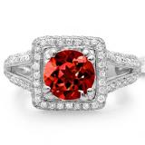 2.50 Carat (ctw) 18K White Gold Round Red Garnet & White Diamond Halo Style Engagement Bridal Ring