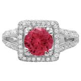 2.50 Carat (ctw) 18K White Gold Round Red Ruby & White Diamond Halo Style Engagement Bridal Ring