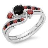 0.90 Carat (ctw) 14K White Gold Round Black Diamond & Red Ruby Ladies Swirl Bridal Engagement Ring Matching Band Set