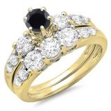 2.00 Carat (ctw) 10k Yellow Gold Round Black & White Diamond Ladies 3 Stone Bridal Engagement Ring Matching Band Set 2 CT