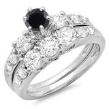 2.00 Carat (ctw) 14k White Gold Round Black & White Diamond Ladies 3 Stone Bridal Engagement Ring Matching Band Set 2 CT