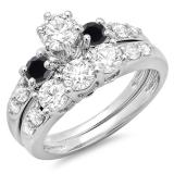 2.00 Carat (ctw) 14k White Gold Round Black & White Diamond Ladies 3 Stone Bridal Engagement Ring Matching Band Set 2 CT