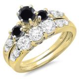 2.00 Carat (ctw) 14k Yellow Gold Round Black & White Diamond Ladies 3 Stone Bridal Engagement Ring Matching Band Set 2 CT
