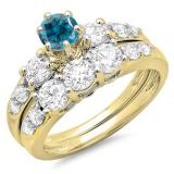 2.00 Carat (ctw) 14k Yellow Gold Round Blue & White Diamond Ladies 3 Stone Bridal Engagement Ring Matching Band Set 2 CT