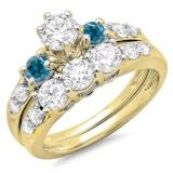 2.00 Carat (ctw) 10k Yellow Gold Round Blue & White Diamond Ladies 3 Stone Bridal Engagement Ring Matching Band Set 2 CT