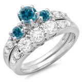 2.00 Carat (ctw) 10k White Gold Round Blue & White Diamond Ladies 3 Stone Bridal Engagement Ring Matching Band Set 2 CT
