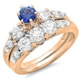 2.00 Carat (ctw) 14k Rose Gold Round Blue Sapphire & White Diamond Ladies 3 Stone Bridal Engagement Ring Matching Band Set 2 CT