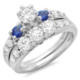 2.00 Carat (ctw) 10k White Gold Round Blue Sapphire & White Diamond Ladies 3 Stone Bridal Engagement Ring Matching Band Set 2 CT