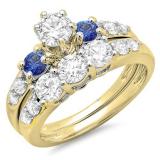 2.00 Carat (ctw) 10k Yellow Gold Round Blue Sapphire & White Diamond Ladies 3 Stone Bridal Engagement Ring Matching Band Set 2 CT