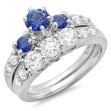 2.00 Carat (ctw) 14k White Gold Round Blue Sapphire & White Diamond Ladies 3 Stone Bridal Engagement Ring Matching Band Set 2 CT