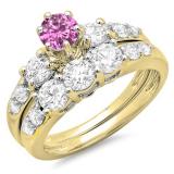 2.00 Carat (ctw) 10k Yellow Gold Round Pink Sapphire & White Diamond Ladies 3 Stone Bridal Engagement Ring Matching Band Set 2 CT