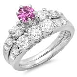 2.00 Carat (ctw) 14k White Gold Round Pink Sapphire & White Diamond Ladies 3 Stone Bridal Engagement Ring Matching Band Set 2 CT