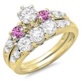 2.00 Carat (ctw) 10k Yellow Gold Round Pink Sapphire & White Diamond Ladies 3 Stone Bridal Engagement Ring Matching Band Set 2 CT