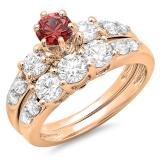 2.00 Carat (ctw) 14k Rose Gold Round Red Ruby & White Diamond Ladies 3 Stone Bridal Engagement Ring Matching Band Set 2 CT
