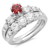 2.00 Carat (ctw) 14k White Gold Round Red Ruby & White Diamond Ladies 3 Stone Bridal Engagement Ring Matching Band Set 2 CT