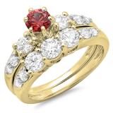 2.00 Carat (ctw) 14k Yellow Gold Round Red Ruby & White Diamond Ladies 3 Stone Bridal Engagement Ring Matching Band Set 2 CT
