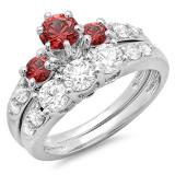 2.00 Carat (ctw) 14k White Gold Round Red Ruby & White Diamond Ladies 3 Stone Bridal Engagement Ring Matching Band Set 2 CT