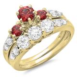 2.00 Carat (ctw) 14k Yellow Gold Round Red Ruby & White Diamond Ladies 3 Stone Bridal Engagement Ring Matching Band Set 2 CT