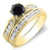 1.00 Carat (ctw) 10k Yellow Gold Round Black & White Diamond Ladies Bridal Engagement Ring Set With Matching Band 1 CT