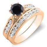 1.00 Carat (ctw) 14k Rose Gold Round Black & White Diamond Ladies Bridal Engagement Ring Set With Matching Band 1 CT