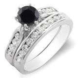 1.00 Carat (ctw) 14k White Gold Round Black & White Diamond Ladies Bridal Engagement Ring Set With Matching Band 1 CT