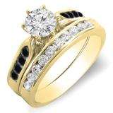 1.00 Carat (ctw) 10k Yellow Gold Round Black & White Diamond Ladies Bridal Engagement Ring Set With Matching Band 1 CT