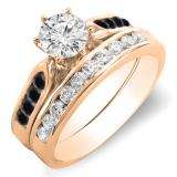 1.00 Carat (ctw) 14k Rose Gold Round Black & White Diamond Ladies Bridal Engagement Ring Set With Matching Band 1 CT